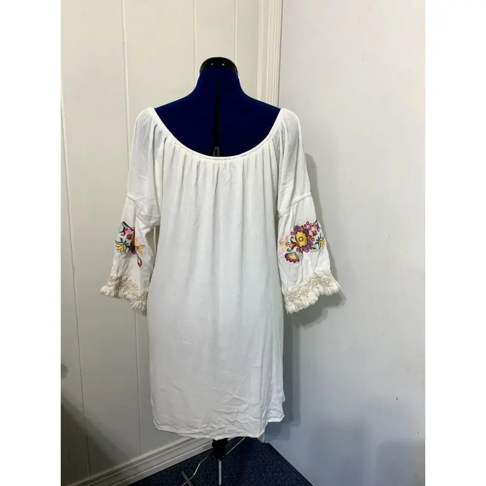 Anthropologie Entro Cream Mini Dress Small Peasant Embroidered 3/4 Sleeves - Picture 3 of 6